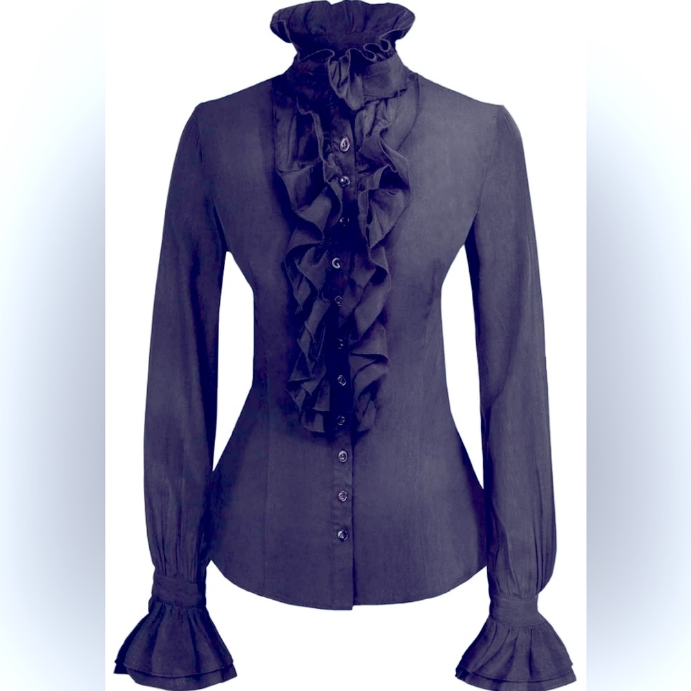 NWT Black Victorian Ruffle Button Down